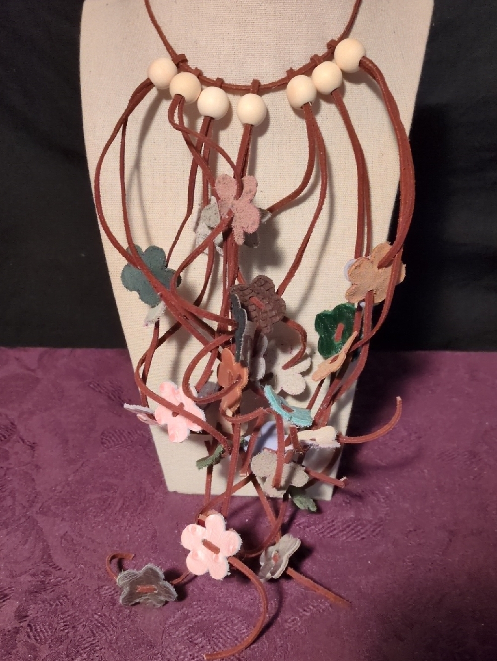 Handmade Multi-Color Dripping Flower Genuine Leather Suede Fringe Cord Necklace